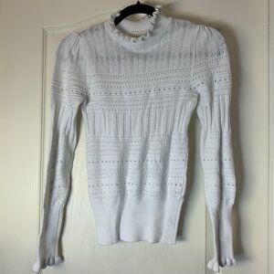 Revamped White Pointelle Knit Sweater Ruffle Mock Neck Romantic Fitted M